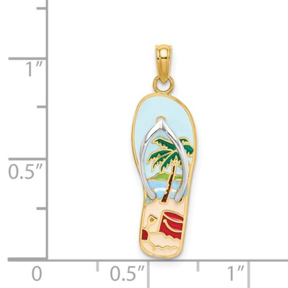 14k Yellow Gold 3D Enameled Flowers or Beach Scene On Flip Flop Charm Pendant - Picture 7 of 9